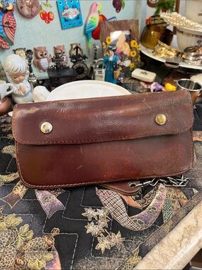 Vintage Brown Leather Bank Deposit Bag Utility Pouch Chain Rustic Organizer